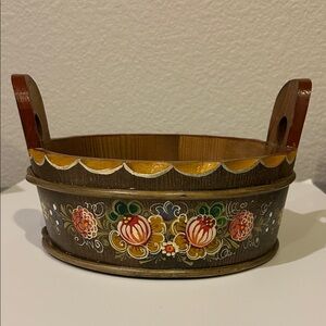 Scandinavian Folk Art Style Handcrafted Floral Wooden Basket